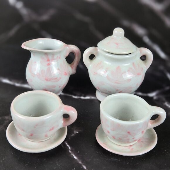 Porcelain Miniature Tea Set White Pink 21 Pieces Display Only Not a Toy - Picture 3 of 12